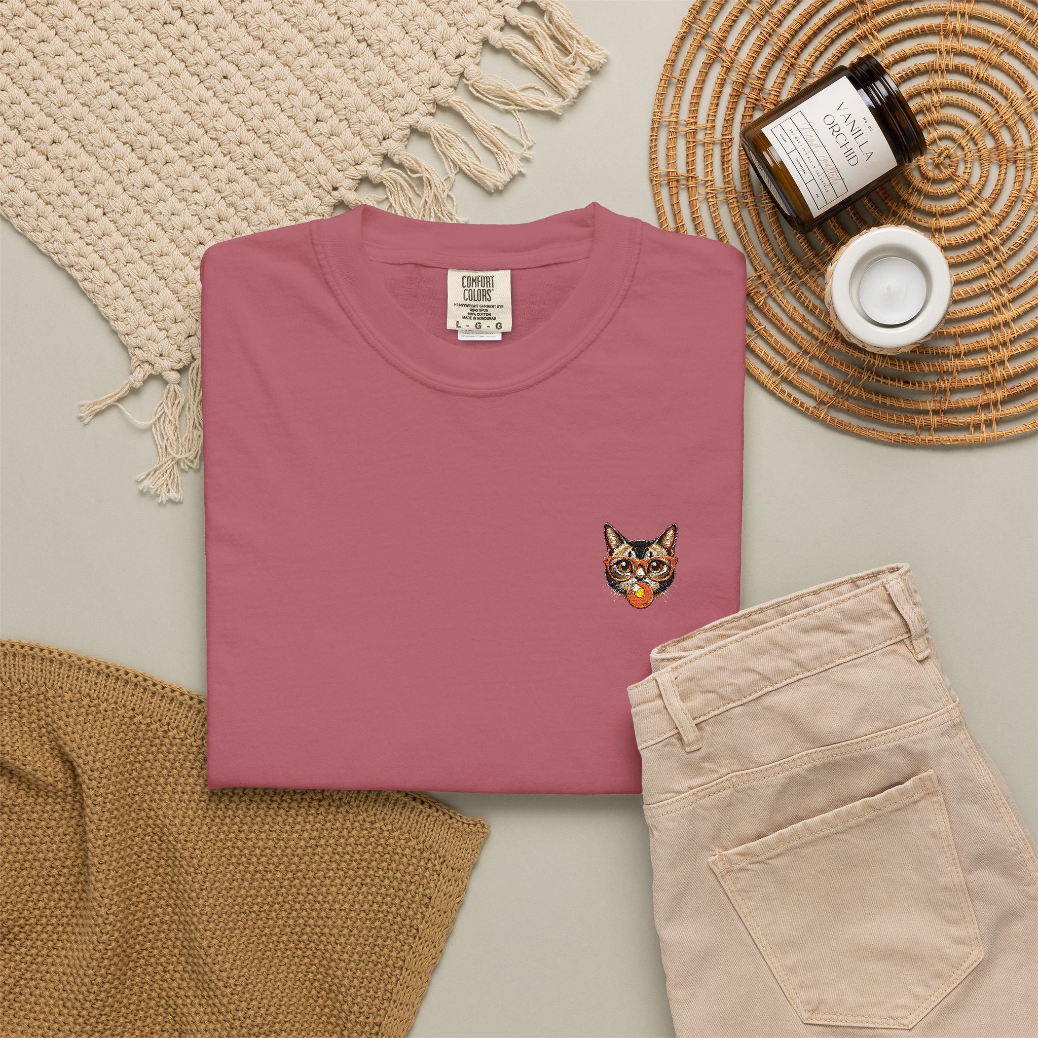 Pixel Cat Embroidered T-Shirt | Retro 8-Bit Cat Comfort Colors Tee | Gamer Cat Lover Gift | Vintage Garment Dyed Shirt