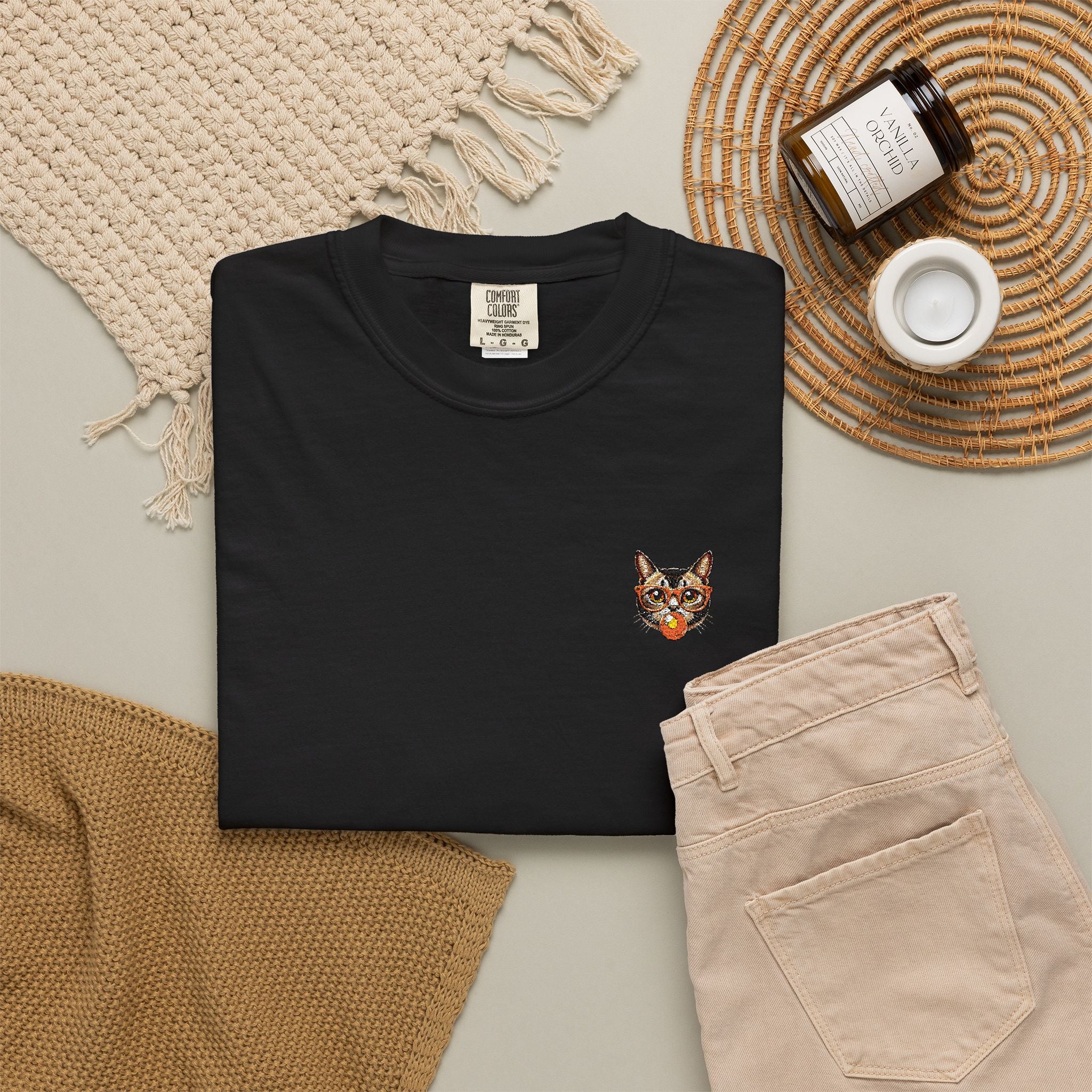 Pixel Cat Embroidered T-Shirt | Retro 8-Bit Cat Comfort Colors Tee | Gamer Cat Lover Gift | Vintage Garment Dyed Shirt