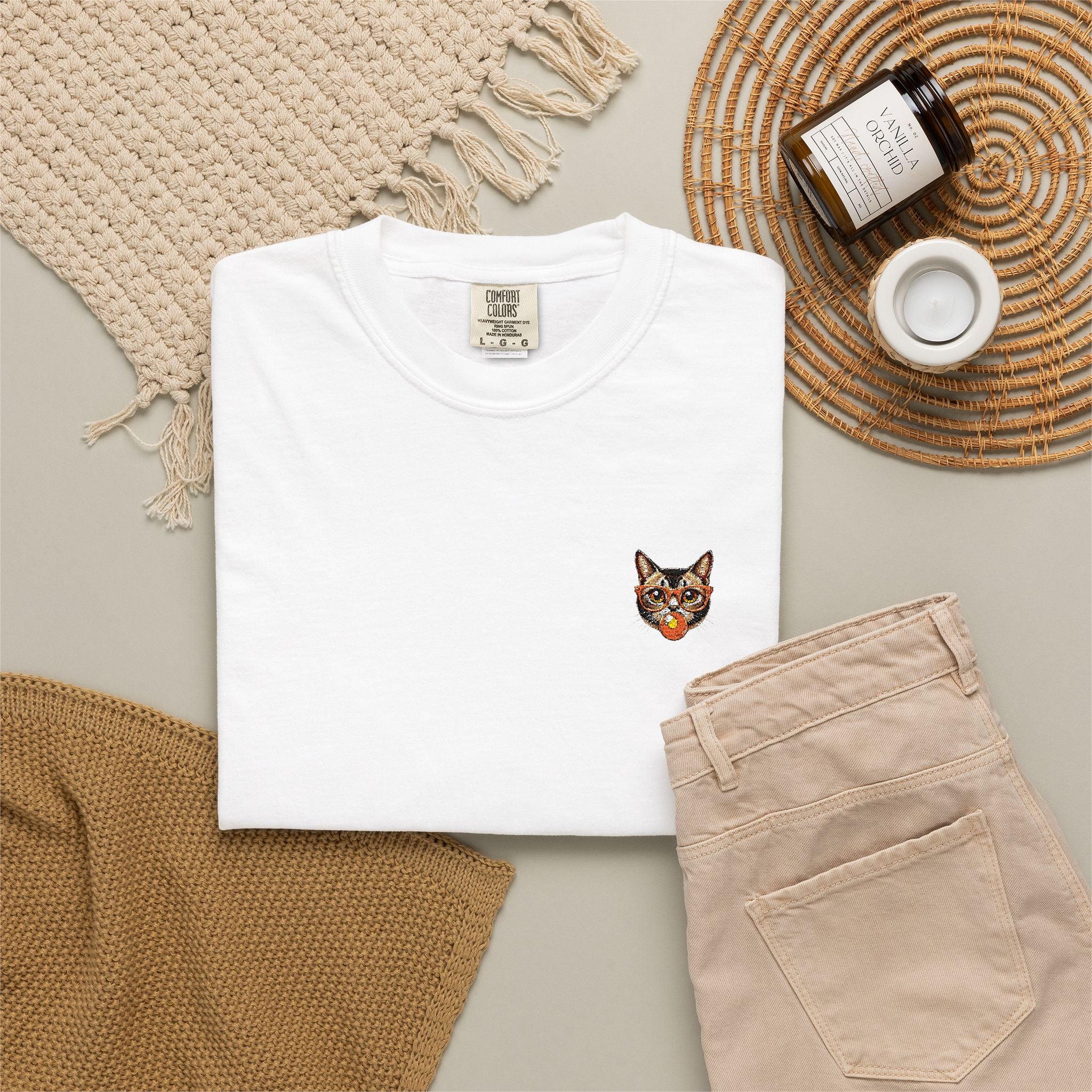 Pixel Cat Embroidered T-Shirt | Retro 8-Bit Cat Comfort Colors Tee | Gamer Cat Lover Gift | Vintage Garment Dyed Shirt