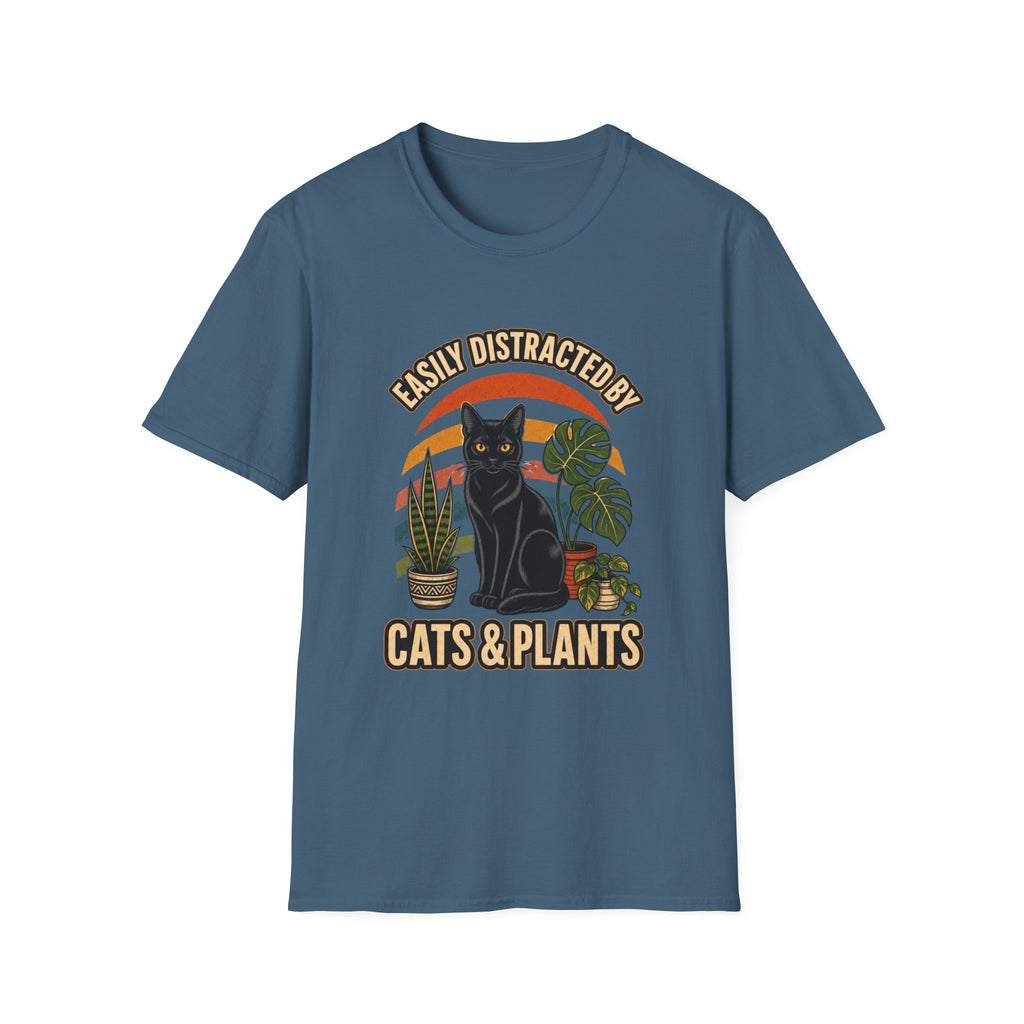 Vintage Cat Plant Shirt Graphic Tee For Plant Parent Cat Lover Retro Design Black Cat Houseplant Illustration Sunset Stripe Background Soft Cotton Fabric Crew Neck Style Casual Everyday Wear Cozy Comfortable Fit Perfect Gift For Cat Owner