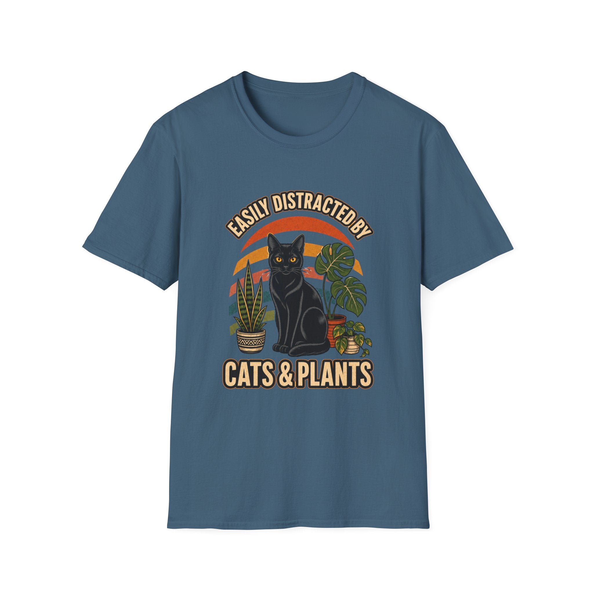 Vintage Cat Plant Shirt Graphic Tee For Plant Parent Cat Lover Retro Design Black Cat Houseplant Illustration Sunset Stripe Background Soft Cotton Fabric Crew Neck Style Casual Everyday Wear Cozy Comfortable Fit Perfect Gift For Cat Owner