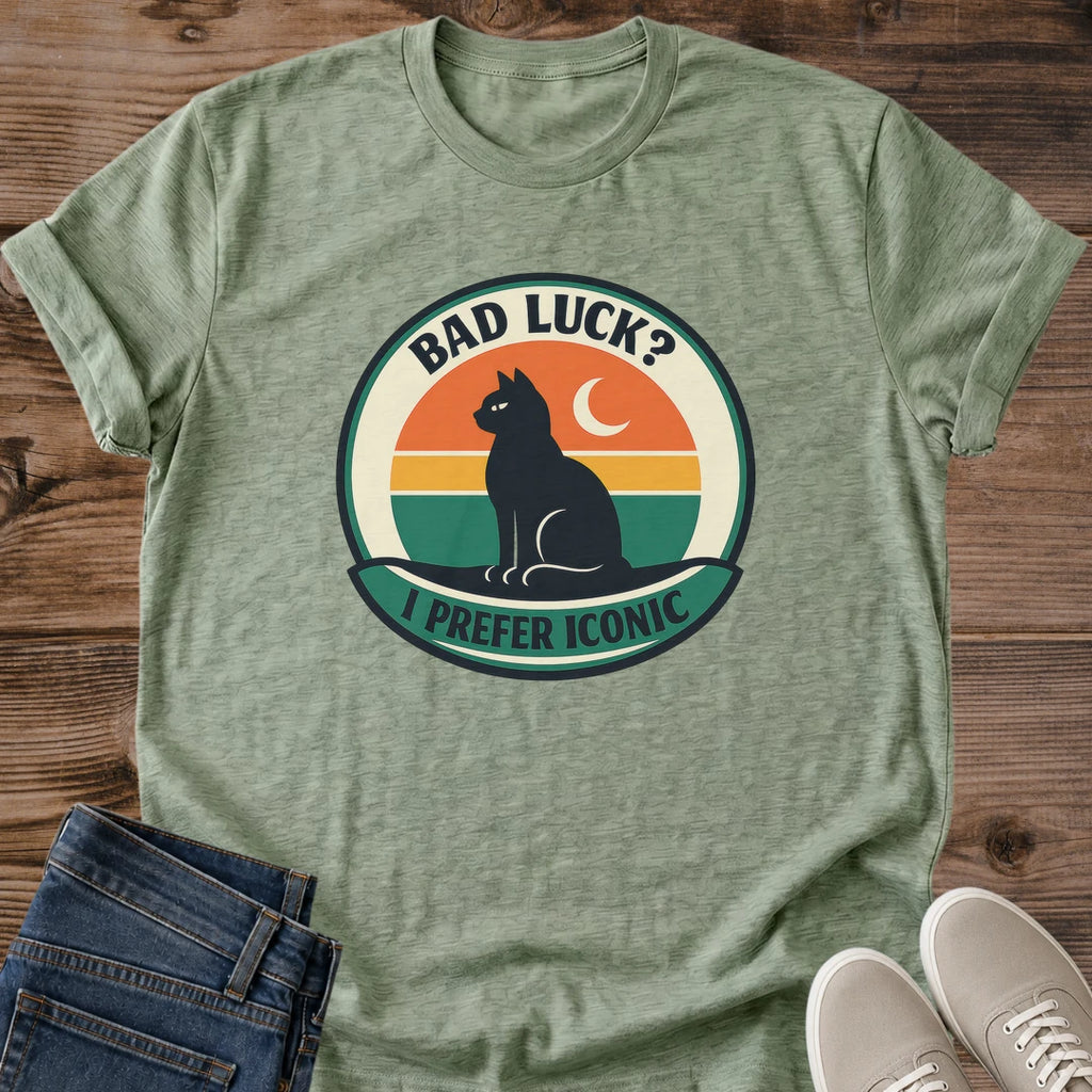 Black Cat Shirt Retro Moon Design Vintage Graphic Tee Witchy Fashion Statement Celestial Cat Silhouette Crescent Moon Circle Sunset Colors Cat Lover Gift Perfect Halloween Casual Wear Essential Quirky Style Tee Alternative Fashion Piece
