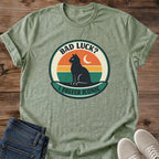 Black Cat Shirt Retro Moon Design Vintage Graphic Tee Witchy Fashion Statement Celestial Cat Silhouette Crescent Moon Circle Sunset Colors Cat Lover Gift Perfect Halloween Casual Wear Essential Quirky Style Tee Alternative Fashion Piece