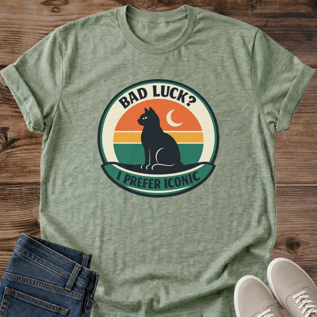 Black Cat Shirt Retro Moon Design Vintage Graphic Tee Witchy Fashion Statement Celestial Cat Silhouette Crescent Moon Circle Sunset Colors Cat Lover Gift Perfect Halloween Casual Wear Essential Quirky Style Tee Alternative Fashion Piece