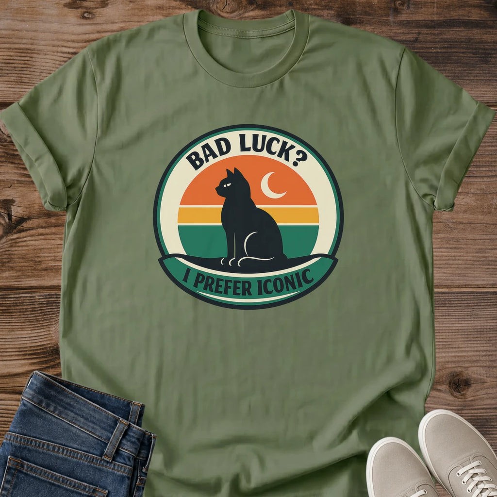 Retro Graphic Tee Black Cat Design Vintage Moon Silhouette Shirt Witchy Fashion Statement Cat Lover Gift Celestial Crescent Circle Sunset Colors Halloween Style Essential Casual Wear Fashion Alternative Aesthetic Tee Quirky Cat Shirt