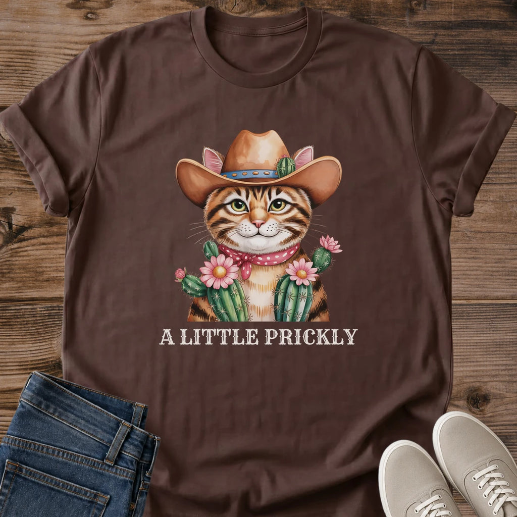 Hand Illustrated Cat Tee Watercolor Cowboy Design Western Cactus Cat Shirt Unique Cat Lover Gift Boutique Style Apparel Whimsical Feline Art Soft Cotton Comfort Western Theme Clothing Fun Animal Lover Present Cat Owner Gift Artistic Design