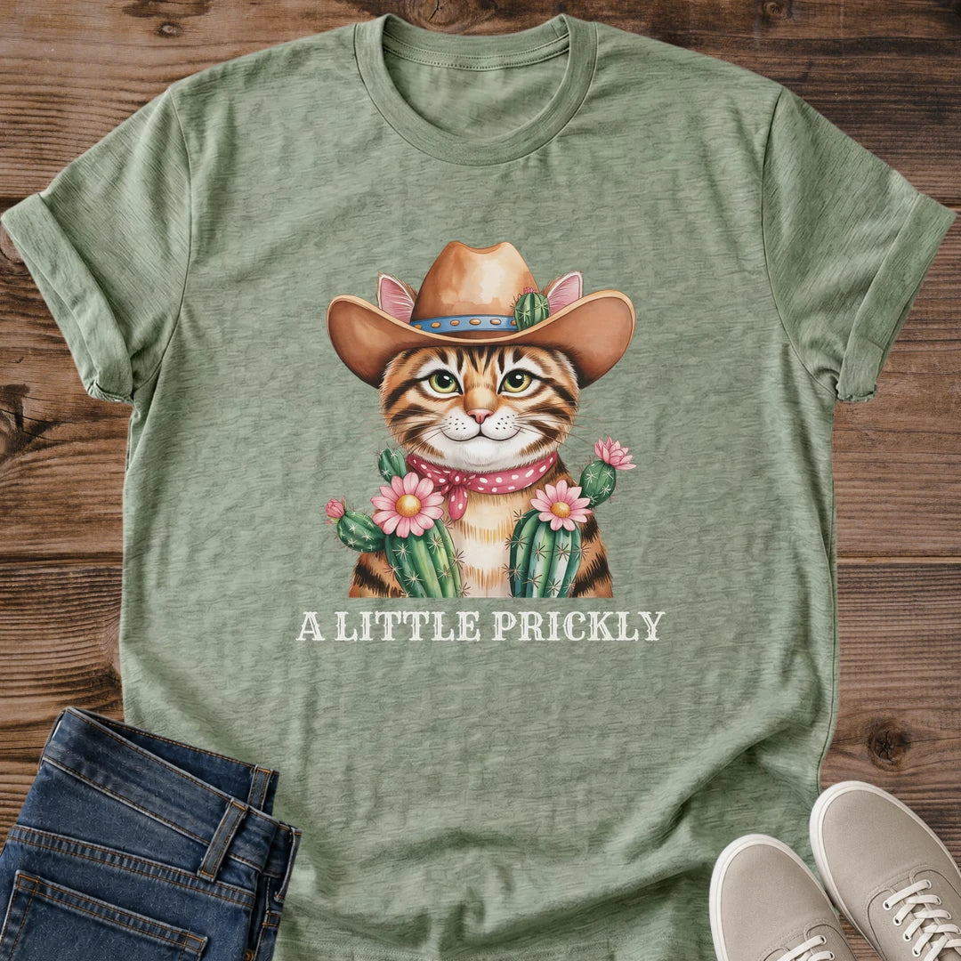Cactus Cat Shirt Hand Illustrated Watercolor Design Cowboy Western Style Unique Cat Lover Gift Boutique Quality Tee Whimsical Feline Art Soft Comfortable Fabric Western Theme Apparel Fun Cat Owner Present Animal Lover Clothing Artistic