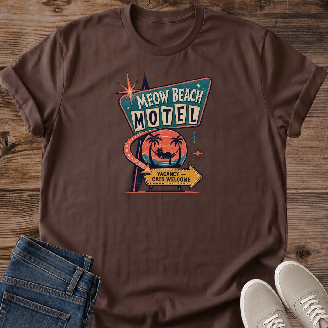Casual Cat Shirt Comfortable Cotton Tee Retro Beach Motel Design Vintage Roadside Americana Style Unisex White Graphic Shirt Cat Lover Gift Perfect Present For Feline Fan Soft Lightweight Fabric Everyday Wear Essential 1960s Beach Theme