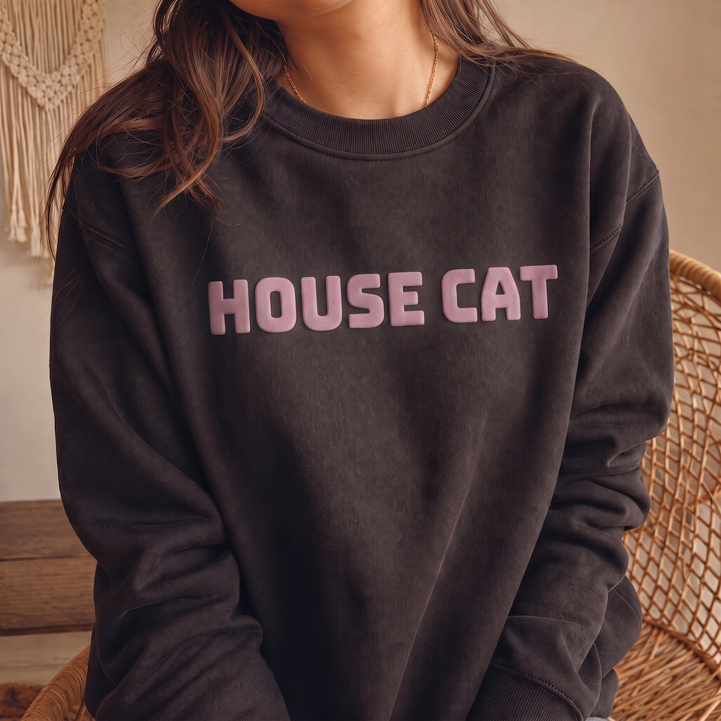 Dark chocolate brown HOUSE CAT puff print sweatshirt with contrasting chest text, cozy cat lover crewneck and casual pet owner gift idea.

