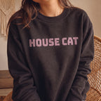 Dark chocolate brown HOUSE CAT puff print sweatshirt with contrasting chest text, cozy cat lover crewneck and casual pet owner gift idea.
