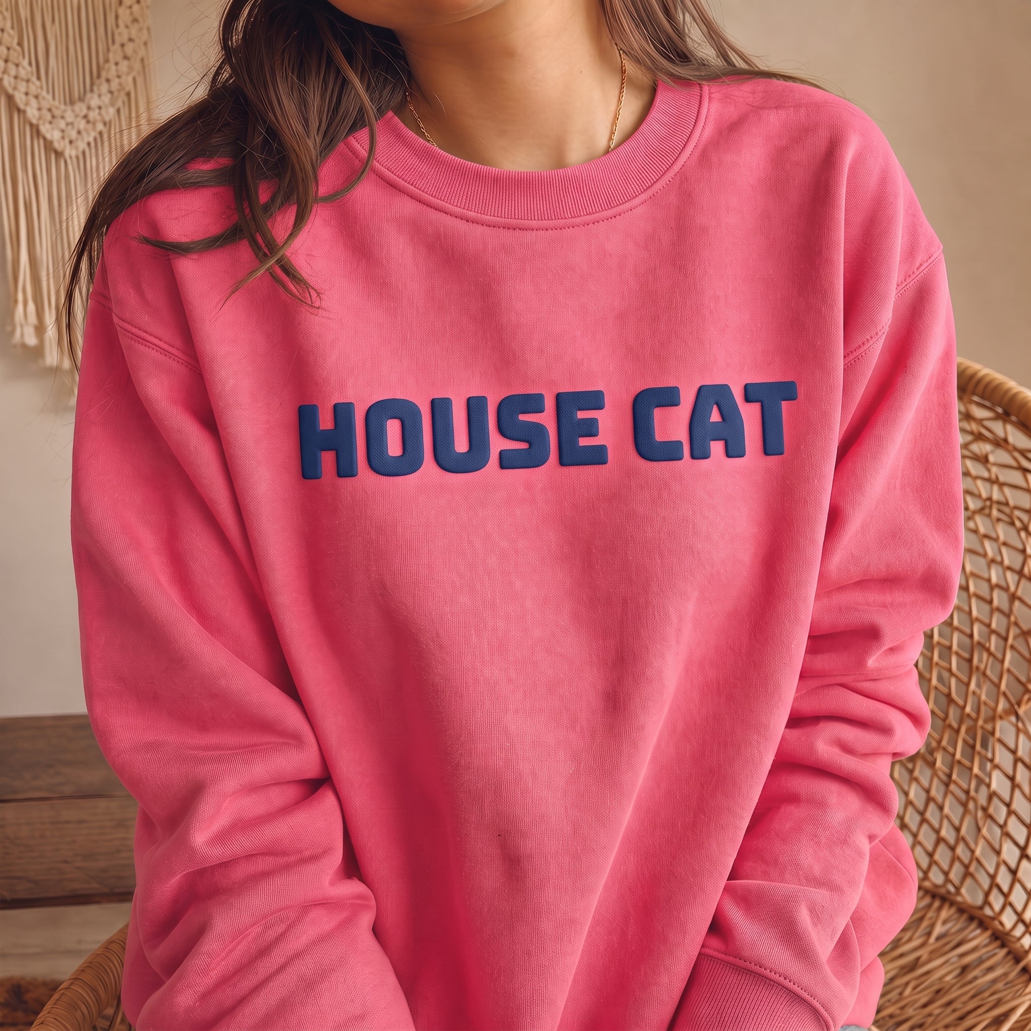 Pink HOUSE CAT puff print sweatshirt with navy raised lettering, playful cozy cat crewneck for cat moms, cat lovers and indoor cat enthusiasts.