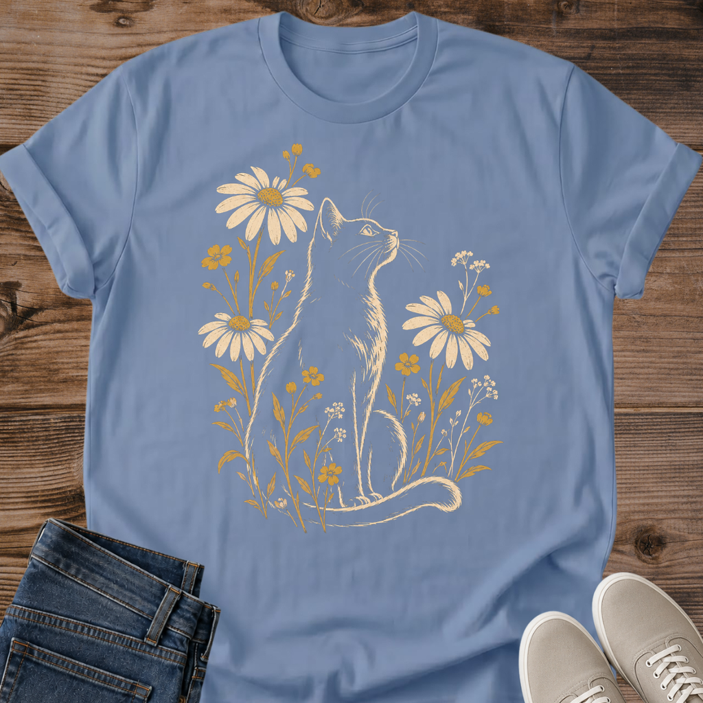 Floral Cat Tee Daisies And Wildflowers Fine Line Illustration Black Cotton Cat Mom Gift Shirt Cottagecore Aesthetic Softstyle Ring Spun Fabric Relaxed Retail Fit Nature Print Garden Themed Apparel Casual Everyday Layering