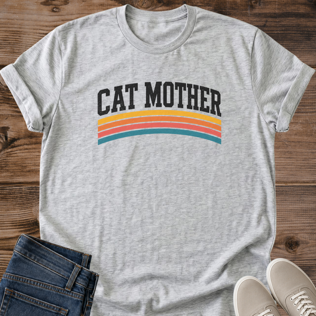 Cat Parent Apparel Retro Graphic Tee Statement Fashion Shirt Varsity Stripe Cat Mom Design Rainbow Pattern Gift Minimalist Cat Lover Present Bold Lettering Style Casual Everyday Wear Vintage Inspired Cat Mama Shirt Perfect Cat Owner Gift