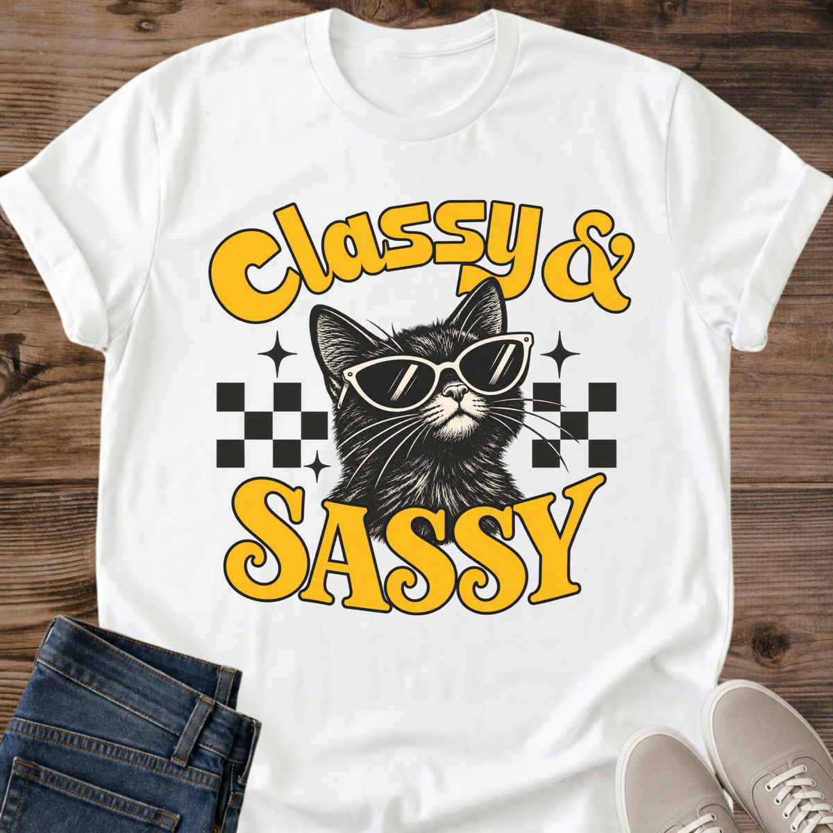 Vintage Cat Lover Tee Classy And Sassy Checkered Sunglasses Design Cotton Cat Mom Gift Shirt Retro Aesthetic Softstyle Ring Spun Fabric Relaxed Retail Fit Casual Weekend Layering Statement Piece Everyday Wear