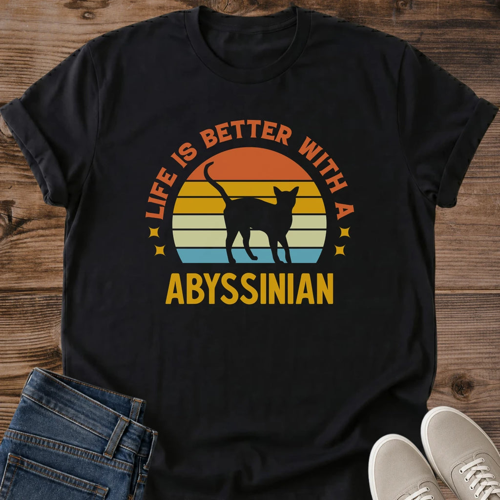 Cat Lover Gift Shirt Abyssinian Cat Design Vintage Sunset Graphic Retro Style Tee Lightweight Cotton Fabric Comfortable Casual Wear Breathable Material Crew Neck Apparel Pet Parent Fashion Statement Warm Color Design Nostalgic Aesthetic