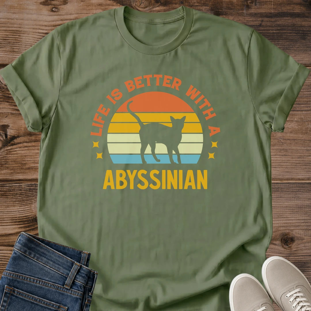 Comfortable Cat Shirt Abyssinian Vintage Design Retro Sunset Graphic Tee Lightweight Cotton Fabric Casual Everyday Wear Cat Lover Apparel Pet Owner Gift Present Breathable Material Soft Comfort Crew Neck Style Warm Stripe Pattern Nostalgic