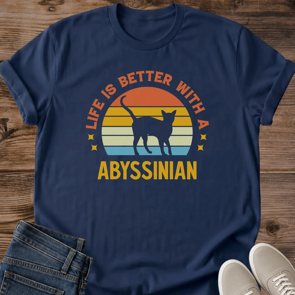 Vintage Cat Tee Retro Sunset Design Abyssinian Cat Lover Gift Lightweight Cotton Shirt Comfortable Casual Wear Breathable Fabric Soft Material Crew Neck Tee Cat Owner Apparel Pet Parent Fashion Warm Color Palette Nostalgic Style Statement