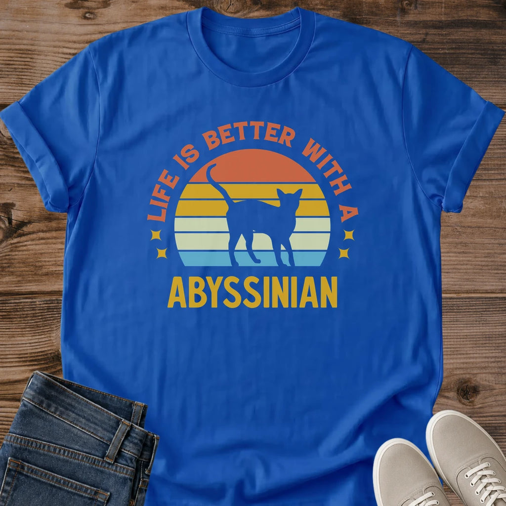 Retro Cat Shirt Vintage Sunset Graphic Abyssinian Design Lightweight Cotton Tee Casual Everyday Wear Comfortable Fabric Feel Cat Lover Apparel Perfect Gift Present Pet Owner Fashion Statement Crew Neck Style Breathable Material Soft Cotton