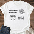 Adopt A New Cat Shirt White Funny Cat Adoption Tee Strikethrough Text Dont Adopt Joke Graphic Cat With Flower Crown Line Art Rescue Cat Mom Shirt One More Cat Tee Shelter Cat Lover Gift Gildan 64000 Softstyle Unisex Cat Whisker Co