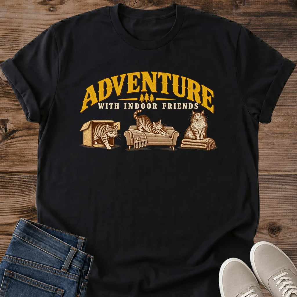 unny Indoor Cat Shirt Adventure With Indoor Friends Cozy Home Graphic Tee Gift Idea Ring Spun Cotton Soft Breathable Fabric Relaxed Unisex Fit Vintage Print Design Cat Person Apparel Casual Everyday Wear Statement Piece