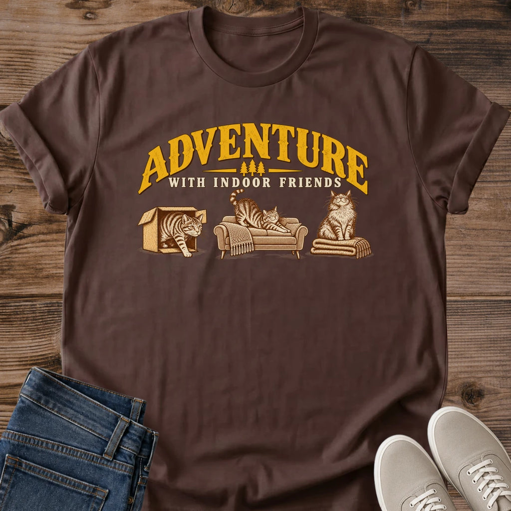 Vintage Cat Lover Tee Adventure With Indoor Friends Cozy Home Design Cotton Cat Mom Gift Shirt Funny Aesthetic Softstyle Ring Spun Fabric Relaxed Retail Fit Casual Weekend Layering Statement Piece Everyday Wear For Home
