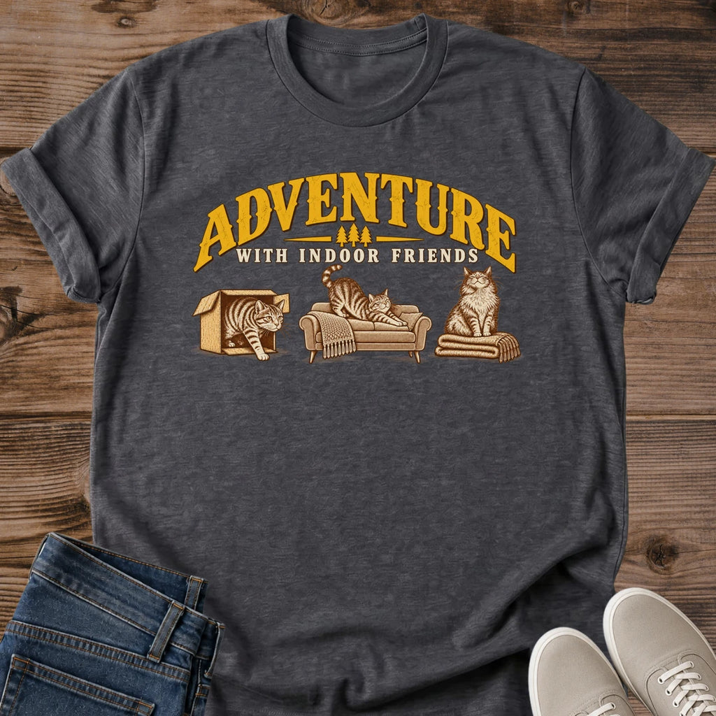 Adventure With Indoor Friends Cat Shirt Funny Cozy Home Tee Vintage Cat Lover Gift Idea Softstyle Ring Spun Cotton Relaxed Fit Everyday Casual Wear Gold Print Cat Owner Apparel Statement Piece Lightweight Layering For Home