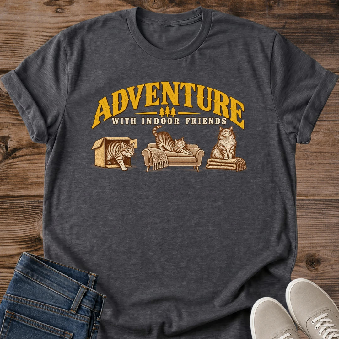 Adventure With Indoor Friends Cat Shirt Funny Cozy Home Tee Vintage Cat Lover Gift Idea Softstyle Ring Spun Cotton Relaxed Fit Everyday Casual Wear Gold Print Cat Owner Apparel Statement Piece Lightweight Layering For Home