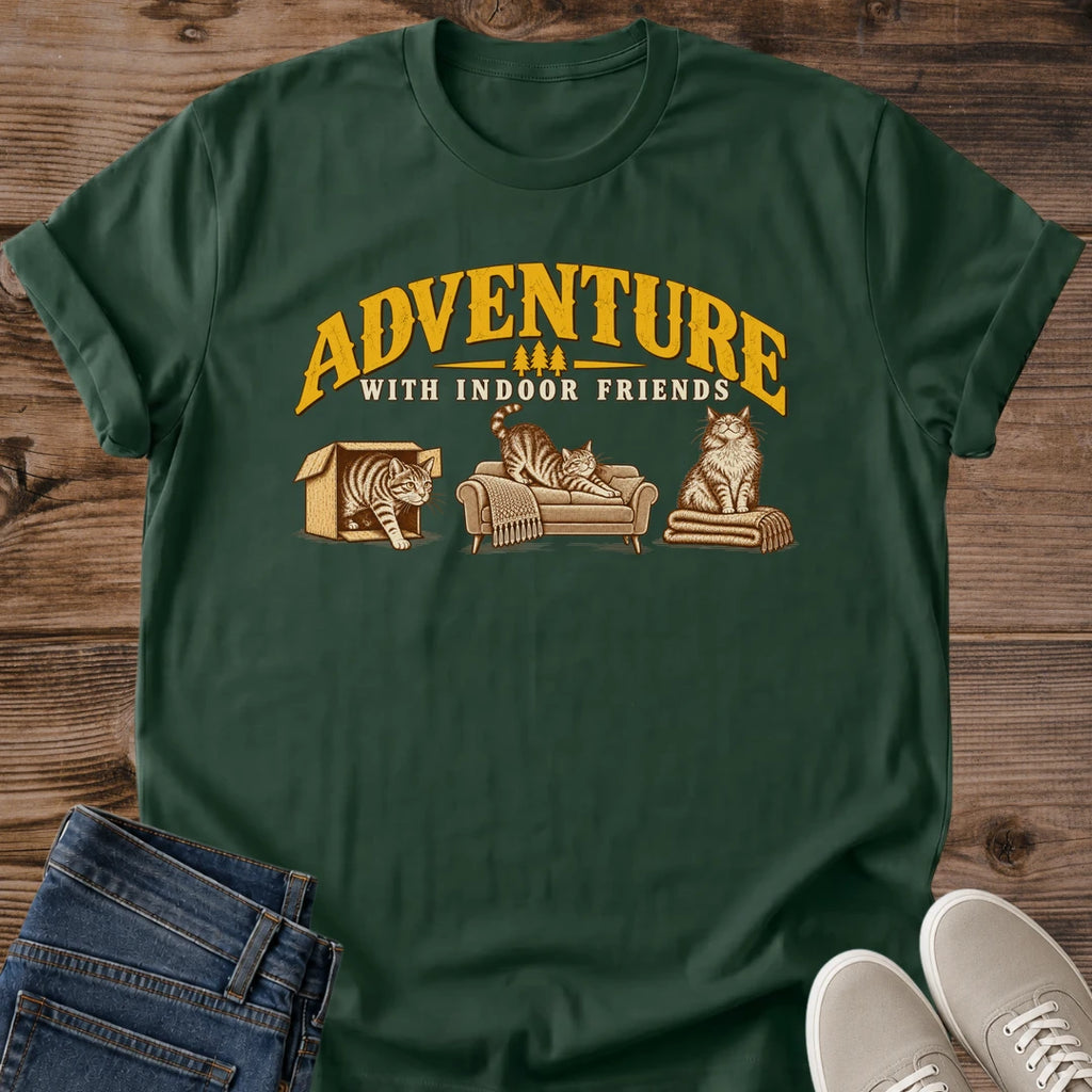 Funny Cat Graphic Tee Adventure With Indoor Friends Cozy Home Print Vintage Aesthetic Cat Owner Shirt Gift For Cat Lovers Softstyle Cotton Comfortable Relaxed Fit Statement Piece Everyday Casual Wear Apparel Gift Idea