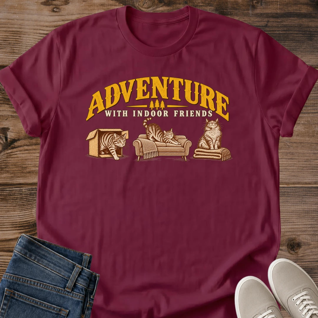 Cozy Cat Tee Adventure With Indoor Friends Funny Vintage Design Cat Lover Gift For Her Softstyle Cotton Comfortable Relaxed Fit Casual Weekend Wear Vintage Print Cat Mom Statement Apparel Everyday Layering Piece For Fun
