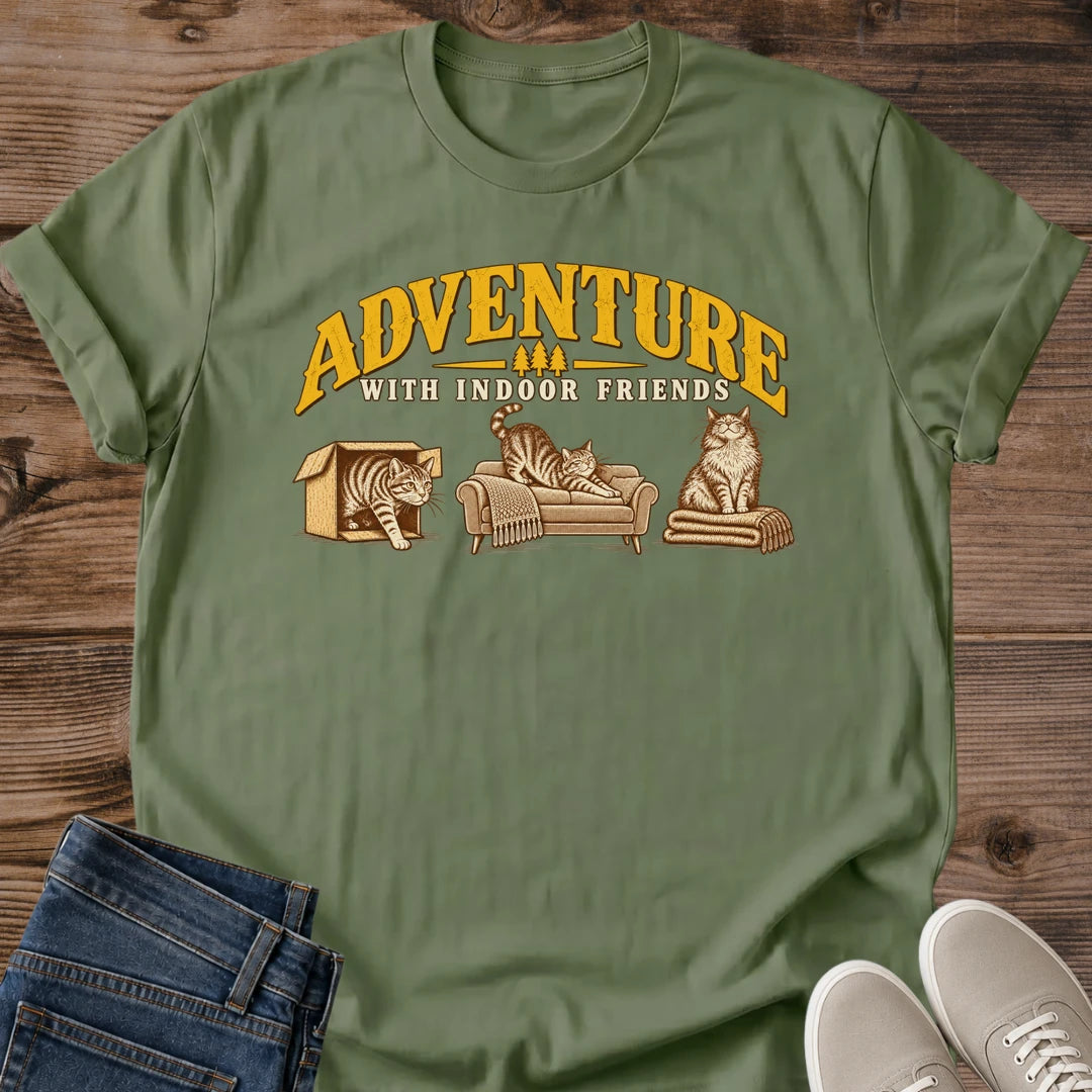 Adventure With Indoor Friends Cat Shirt Funny Cozy Home Tee Vintage Cat Lover Gift Idea Softstyle Ring Spun Cotton Relaxed Fit Everyday Casual Wear Gold Print Cat Owner Apparel Statement Piece Lightweight Layering For Home