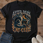 Dark Chocolate Metal Cat Shirt Featuring Two Cats Under A Glowing Crescent Moon With Chrome Metal Lettering And Fire Details After Dark Cat Club Grunge Graphic Tee Night Owl Cat Shirt Cat Mom Gift Cat Whisker Co
