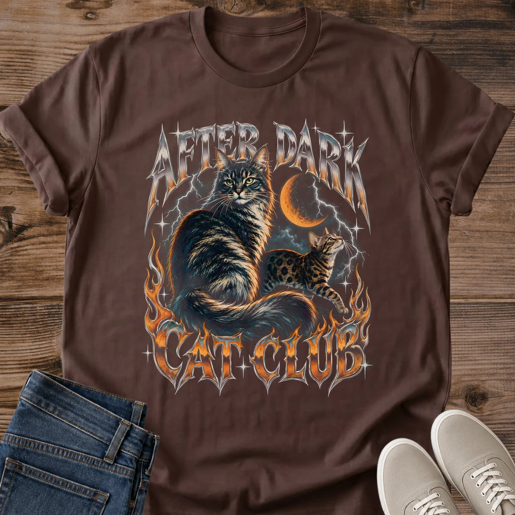 Navy After Dark Cat Club T Shirt With Detailed Tabby Cat Illustration Lightning Bolts And Flames In Vintage 90s Rock Tee Style Bold Cat Graphic Shirt For Metal Fans And Cat Owners Cat Dad Gift Cat Whisker Co