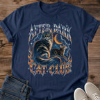 After Dark Cat Club Shirt In Black Heavy Metal Style Cat Tee With Longhaired Tabby Cat Crescent Moon Lightning And Orange Flames Vintage Rock Band Graphic Tee Gildan 64000 Softstyle Halloween Cat Lover Gift Cat Whisker Co