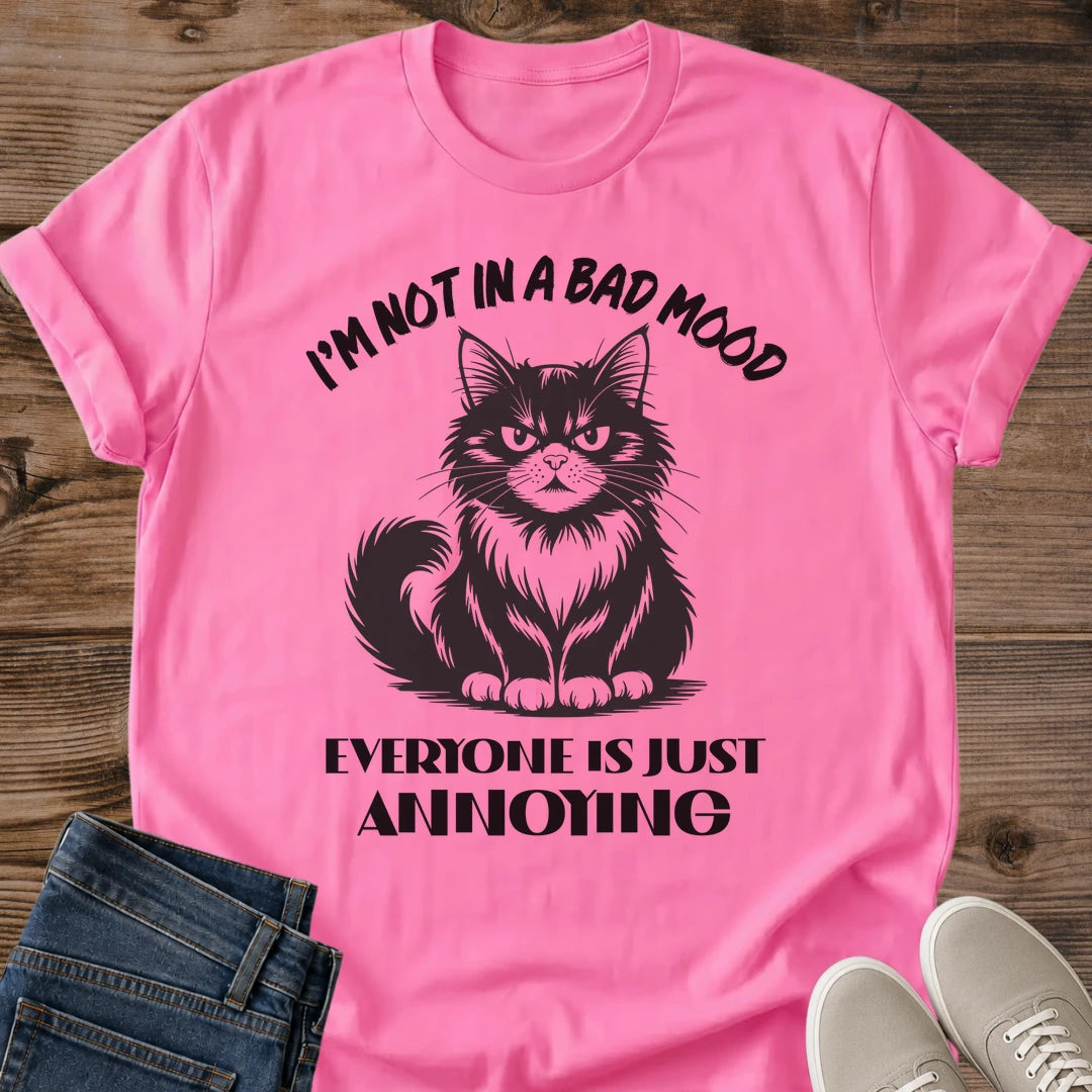 Azalea pink Annoyed Cat Energy cat graphic T-shirt with dry-humor feline attitude design
