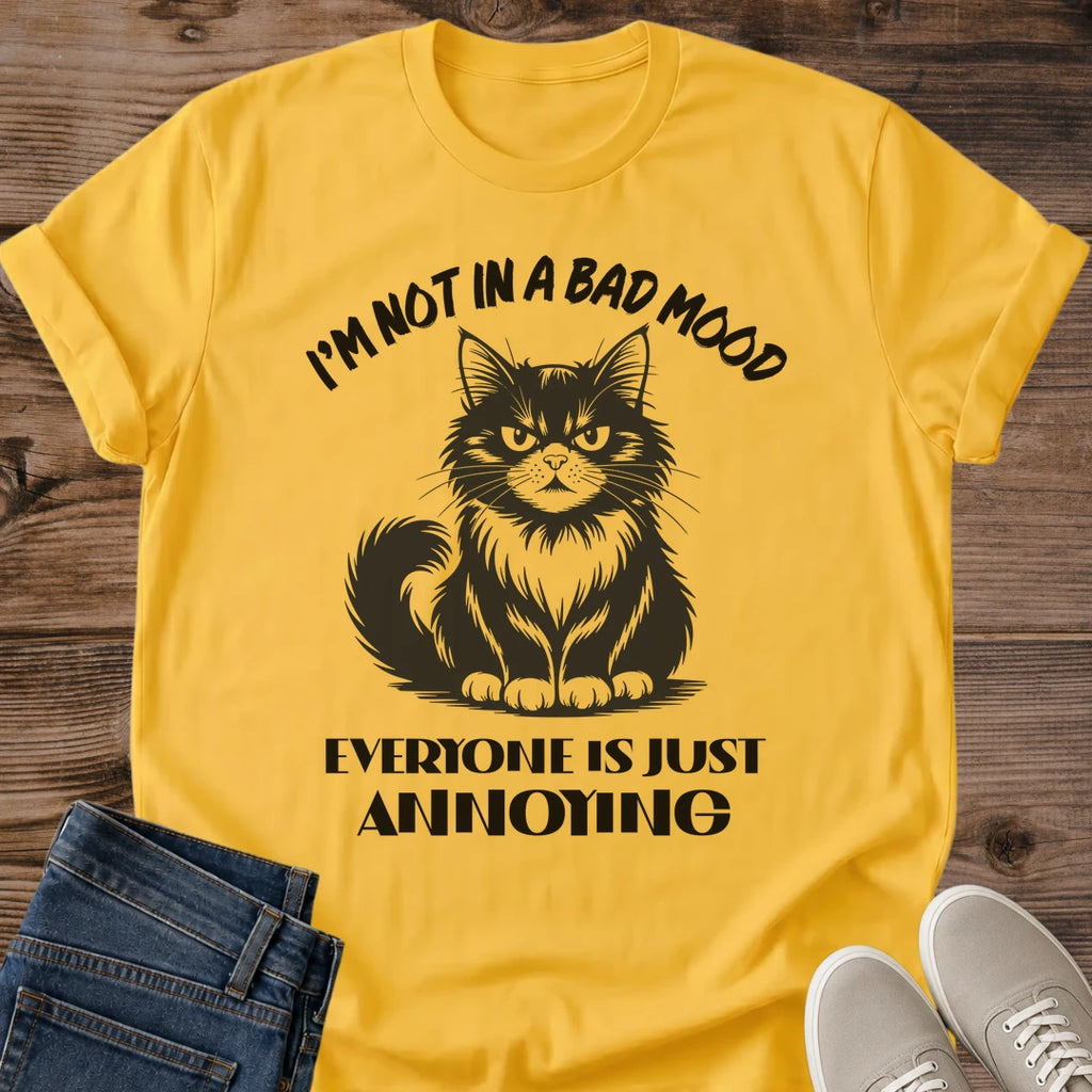 Daisy yellow Annoyed Cat Energy funny cat lover tee featuring a grumpy feline graphic