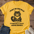 Daisy yellow Annoyed Cat Energy funny cat lover tee featuring a grumpy feline graphic