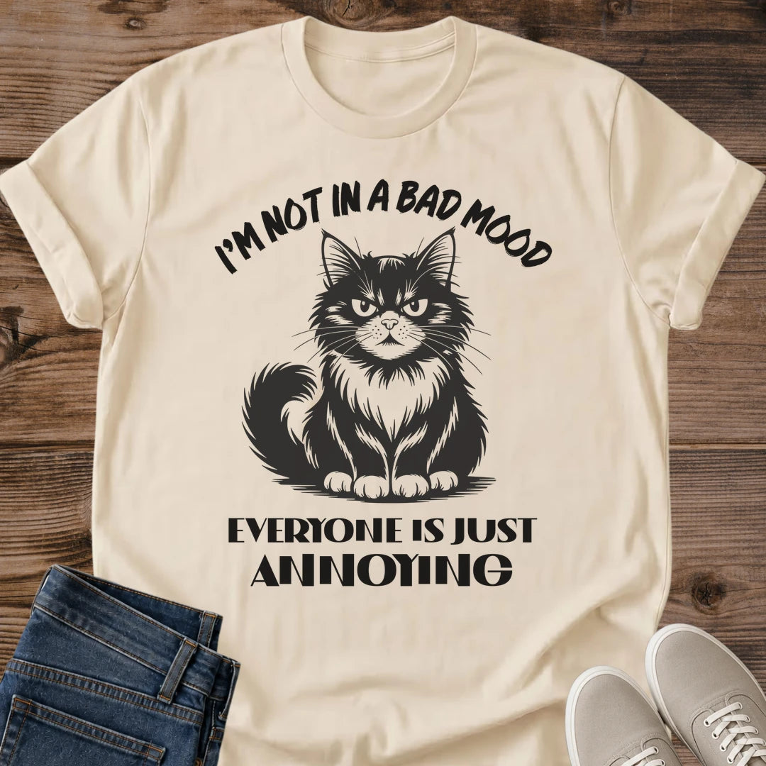 Sand Annoyed Cat Energy graphic T-shirt featuring a grumpy cat attitude design on a unisex crewneck