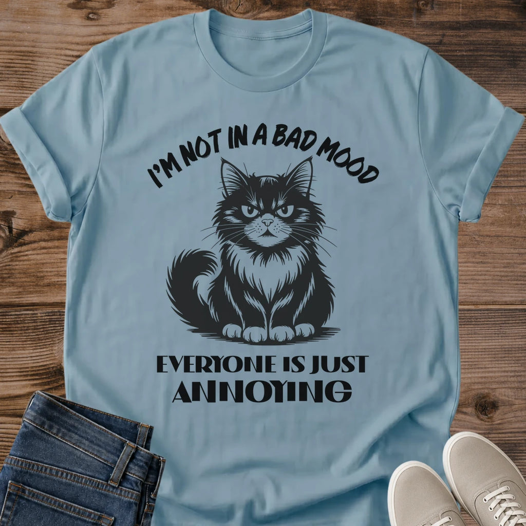 Stone blue Annoyed Cat Energy funny cat graphic tee with grumpy feline artwork