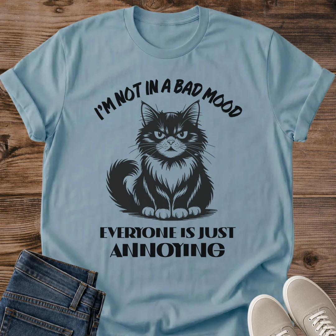 Stone blue Annoyed Cat Energy funny cat graphic tee with grumpy feline artwork
