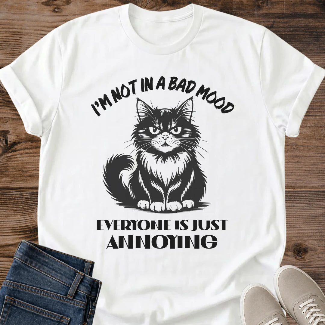 White Annoyed Cat Energy sarcastic cat T-shirt featuring an expressive annoyed cat graphic