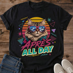 Vintage 80s Tee Retro Neon Design Cat Graphic Shirt Comfortable Cotton Crew Neck Casual Lifestyle Wear Sunglasses Cat Print Bold Statement Design Funny Novelty Gift Soft Ring Spun Fabric Everyday Comfort Shirt Relaxation Wear Cat Lover