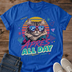 Cat Lover Gift Shirt Funny Graphic Tee Sunglasses Cat Design Retro 80s Vintage Style Neon Pattern Print Lightweight Cotton Crew Neck Comfortable Everyday Wear Bold Statement Shirt Novelty Humor Design Casual Lifestyle Tee Soft Fabric