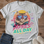 Comfortable Casual Tee Lightweight Cotton Shirt Soft Ring Spun Fabric Retro Cat Graphic Design Vintage 80s Neon Style Bold Statement Print Crew Neck Everyday Wear Sunglasses Cat Pattern Funny Novelty Gift Relaxation Lifestyle Shirt Cat