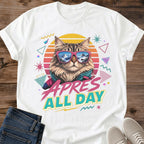 Novelty Gift Tee Funny Statement Shirt Cat Graphic Design Retro 80s Vintage Style Neon Geometric Pattern Comfortable Crew Neck Lightweight Cotton Construction Casual Everyday Wear Sunglasses Cat Print Bold Humor Design Cat Lover Present