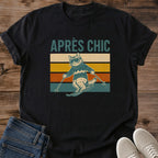 Soft Cotton Casual Tee Vintage Ski Cat Graphic Design Retro Mountain Fashion Comfortable Lightweight Shirt Nostalgic Sunset Stripe Pattern Perfect Weekend Wear Coffee Shop Style Relaxed Fit Essential Layering Piece Gift For Mountain Lovers
