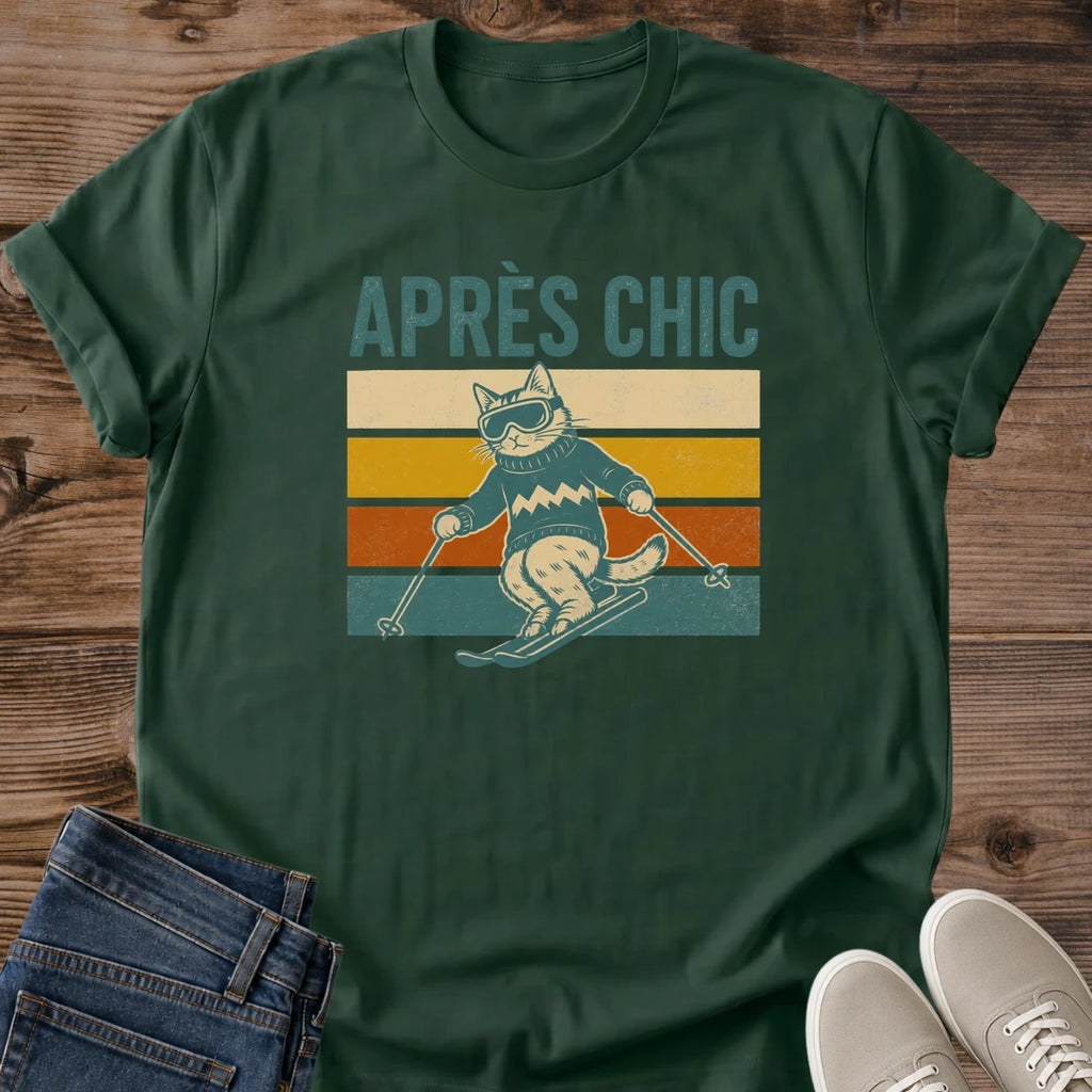 Vintage Ski Tshirt – Retro Cat Graphic Soft Cotton Après Ski Tee