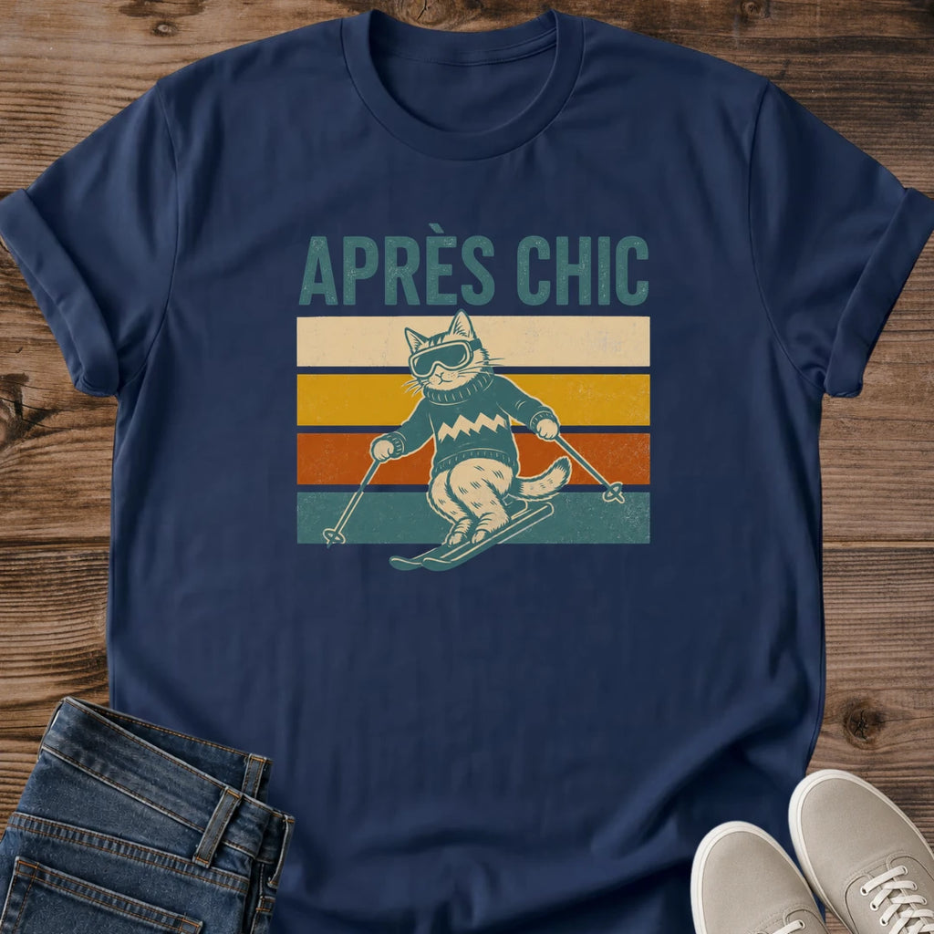 Vintage Ski Shirt Retro Cat Graphic Design Soft Cotton Tee Comfortable Casual Wear Mountain Lifestyle Fashion Nostalgic Sunset Stripe Pattern Lightweight Fabric Perfect Weekend Outfit Coffee Shop Style Layering Essential Gift For Ski Lovers