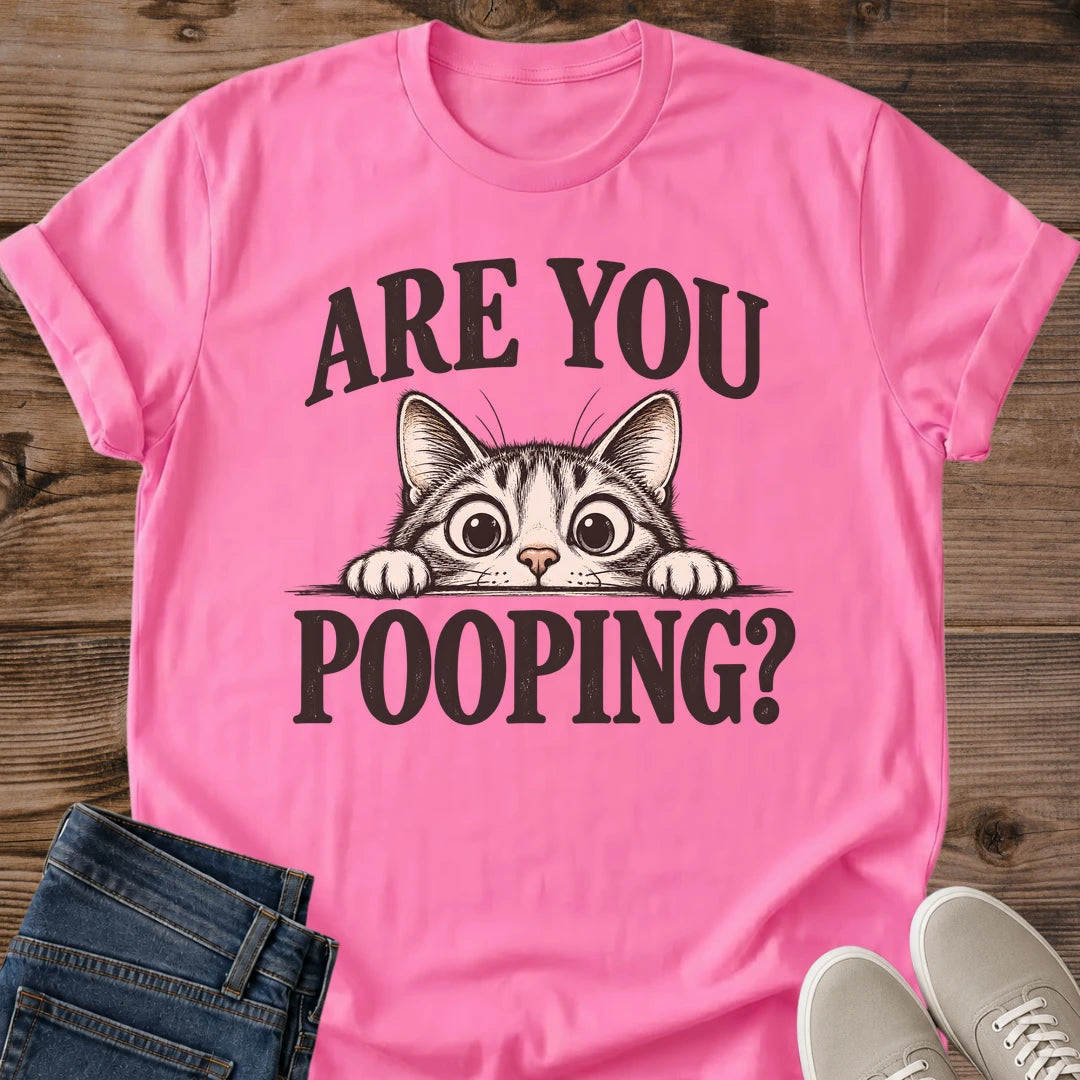 Funny Cat Graphic Tee Are You Pooping Peeking Cat Print Bold Aesthetic Cat Owner Shirt Gift For Cat Lovers Softstyle Cotton Comfortable Relaxed Fit Statement Piece Everyday Casual Wear Apparel Gift Idea For All