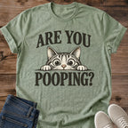 Novelty Cat Shirt Are You Pooping Peeking Cat Graphic Tee Funny Gift Idea Ring Spun Cotton Soft Breathable Fabric Relaxed Unisex Fit Bold Print Design Cat Person Apparel Casual Everyday Wear Statement Piece Great Gift