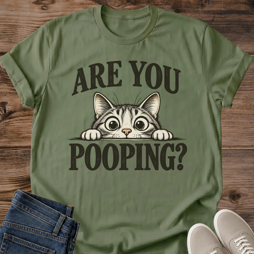 Funny Cat Meme Tee Are You Pooping Bathroom Cat Design Cat Lover Gift For Her Softstyle Cotton Comfortable Relaxed Fit Casual Weekend Wear Bold Print Cat Mom Statement Apparel Everyday Layering Piece For Fun